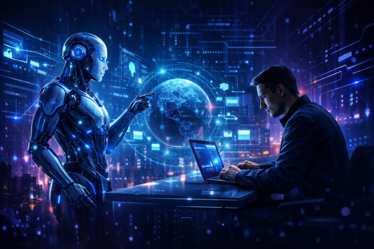 Empreendedor trabalhando com inteligência artificial em um ambiente digital futurista representando o modelo de empresa de uma pessoa só