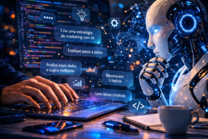 Interação entre humano e inteligência artificial ilustrando o conceito de engenharia de prompts