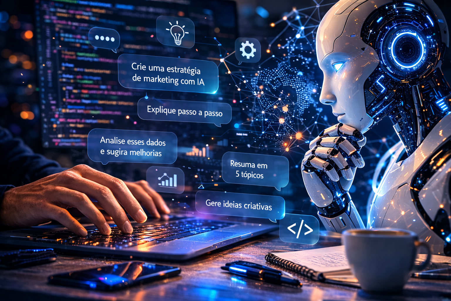 Interação entre humano e inteligência artificial ilustrando o conceito de engenharia de prompts