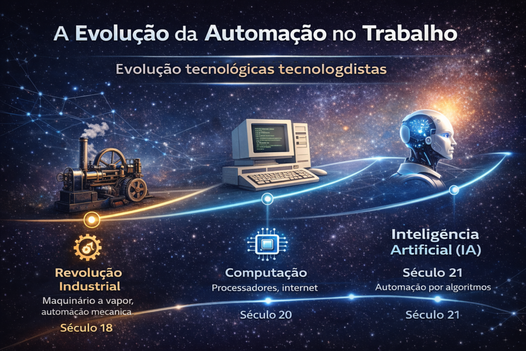 Linha do tempo mostrando a evolução da automação no trabalho desde a Revolução Industrial até a inteligência artificial no século XXI.