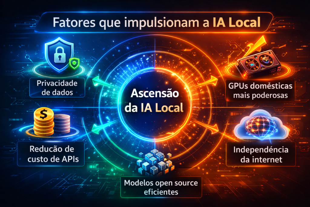 Infográfico mostrando os principais fatores que impulsionam o crescimento da inteligência artificial local, incluindo privacidade de dados, redução de custos de APIs, GPUs domésticas mais poderosas, independência da internet e modelos open source eficientes.