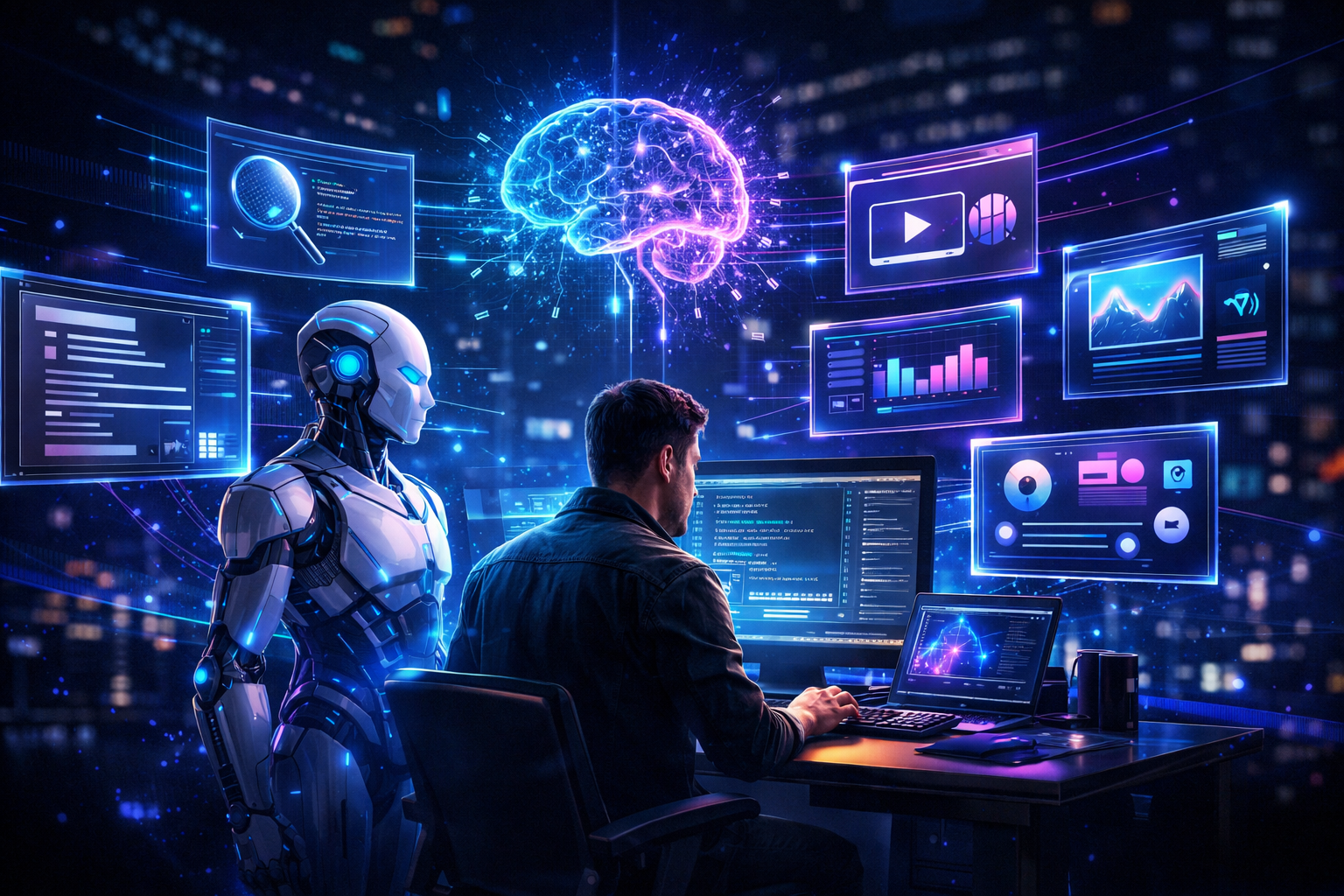 Profissional trabalhando com múltiplas ferramentas de inteligência artificial em interfaces holográficas, representando o uso de IA para produtividade no trabalho digital