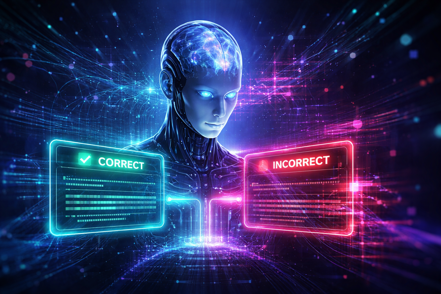 Hallucinations em inteligência artificial: modelo de IA gerando respostas corretas e incorretas a partir de probabilidades estatísticas.