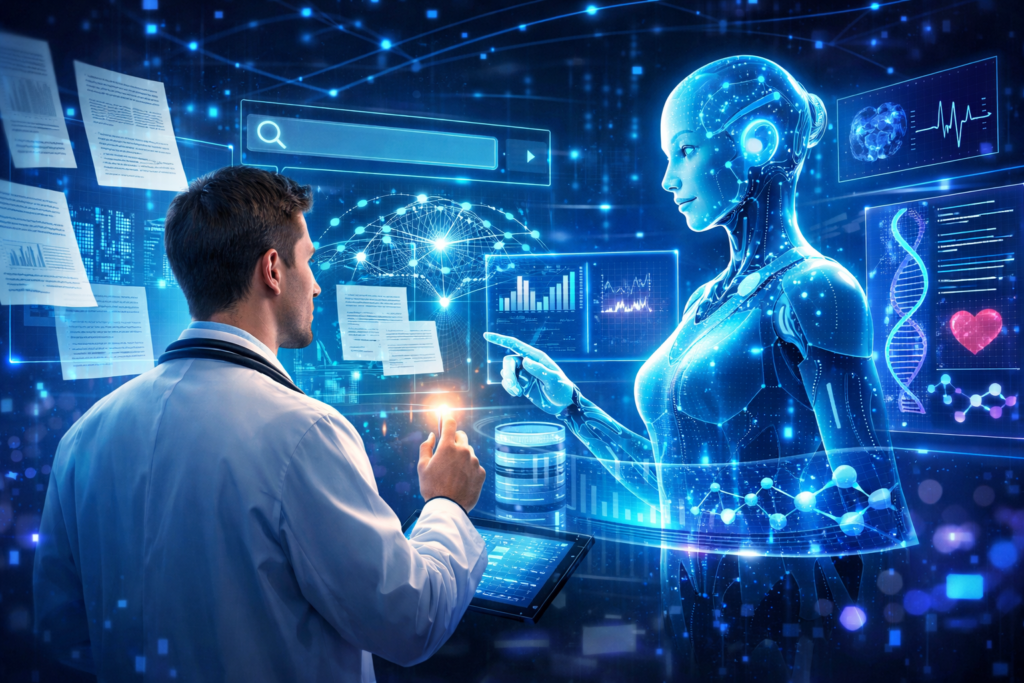 Inteligência artificial médica analisando pesquisas científicas para auxiliar médicos em decisões clínicas