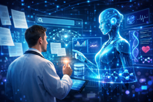 Inteligência artificial médica analisando pesquisas científicas para auxiliar médicos em decisões clínicas