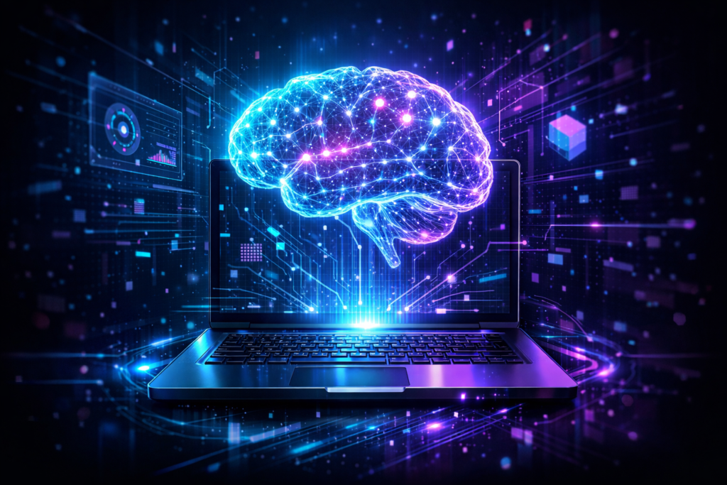 Ilustração futurista de um laptop gerando um cérebro de inteligência artificial holográfico, representando modelos de IA rodando localmente no computador.
