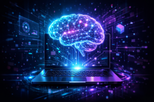 Ilustração futurista de um laptop gerando um cérebro de inteligência artificial holográfico, representando modelos de IA rodando localmente no computador.