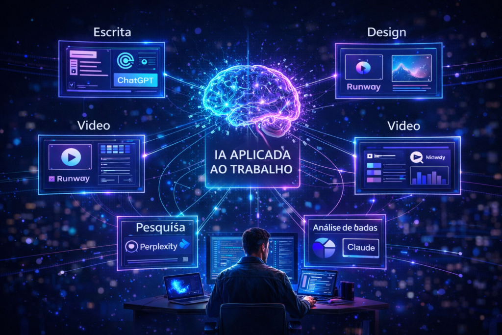 Infográfico mostrando o ecossistema de ferramentas de inteligência artificial usadas no trabalho digital, incluindo escrita, design, vídeo, pesquisa, programação e análise de dados.