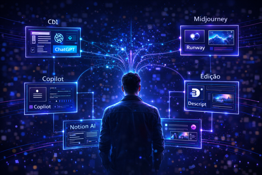 Infográfico mostrando o modelo de trabalho com inteligência artificial, com um profissional no centro utilizando múltiplas ferramentas de IA como copilotos de produtividade ferramentas de IA