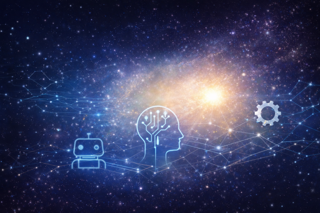 Ilustração conceitual representando a transformação do trabalho pela inteligência artificial e o impacto crescente da IA em atividades intelectuais.