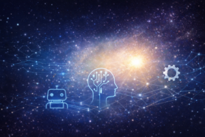 Ilustração conceitual representando a transformação do trabalho pela inteligência artificial e o impacto crescente da IA em atividades intelectuais.