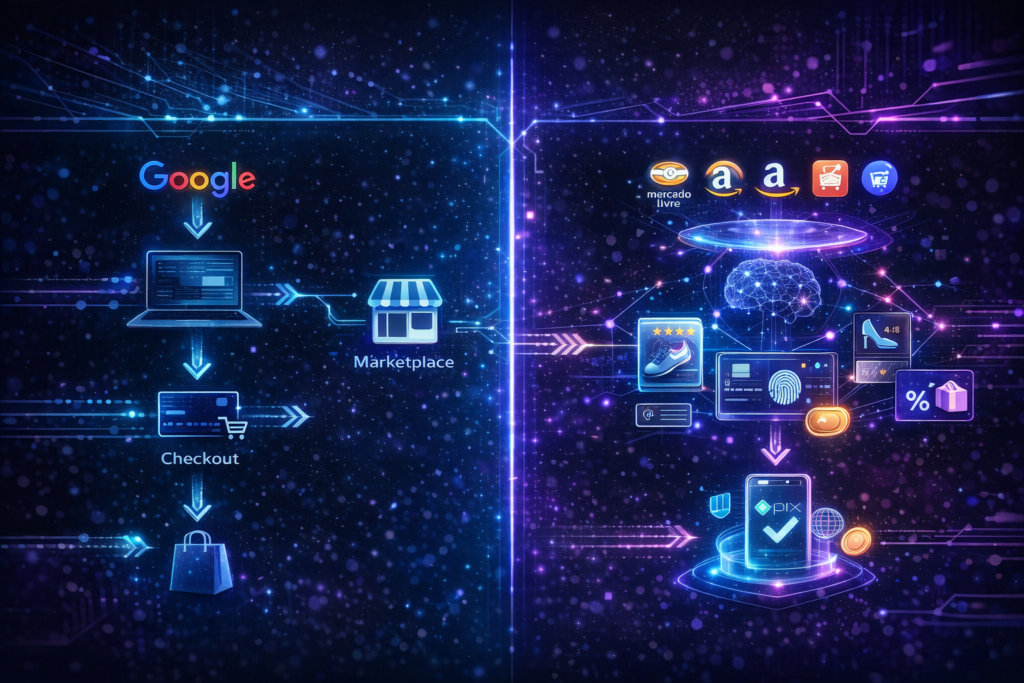 Infográfico comparando a jornada tradicional de compra online via Google com a nova jornada de retail media em marketplaces com inteligência artificial e pagamento Pix.