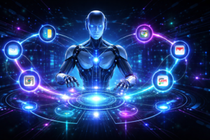 Ilustração futurista mostrando uma inteligência artificial conectando aplicativos e fluxos de automação em uma plataforma no-code como o Make.