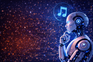 Robô futurista representando inteligência artificial gerando música digital a partir de algoritmos, ilustrando o conceito de criação musical por IA.