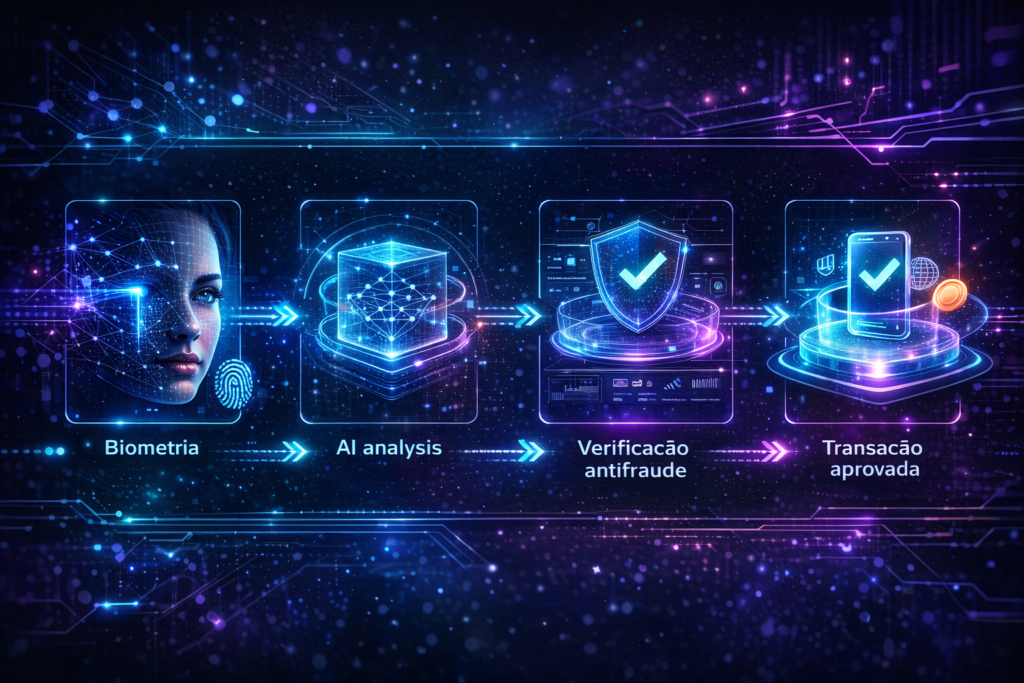 Fluxo de segurança do Pix biométrico mostrando autenticação facial, análise por inteligência artificial, verificação antifraude e aprovação da transação.