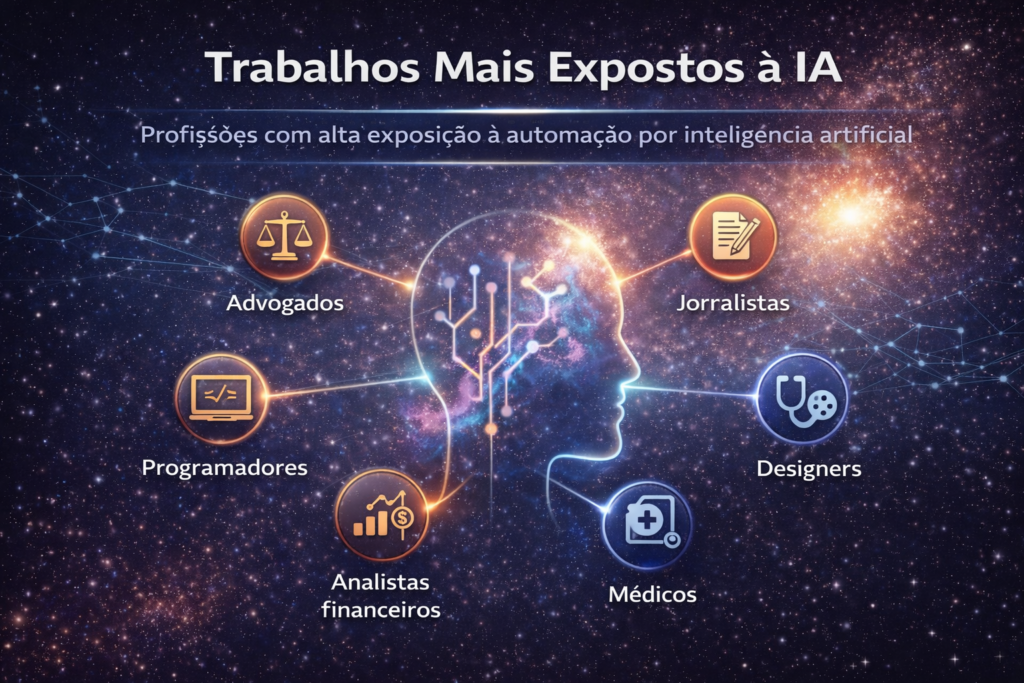 Infográfico mostrando profissões com alta exposição à automação por inteligência artificial, incluindo advogados, programadores, analistas financeiros, jornalistas, designers e médicos.