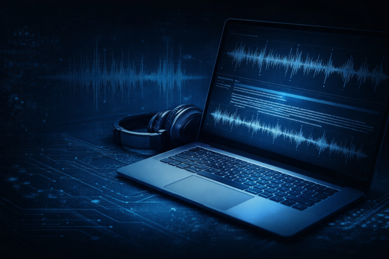 Interface de transcrição automática de áudio em português com waveform digital em laptop