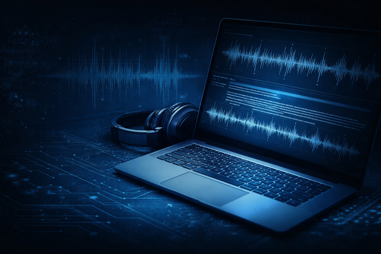 Interface de transcrição automática de áudio em português com waveform digital em laptop