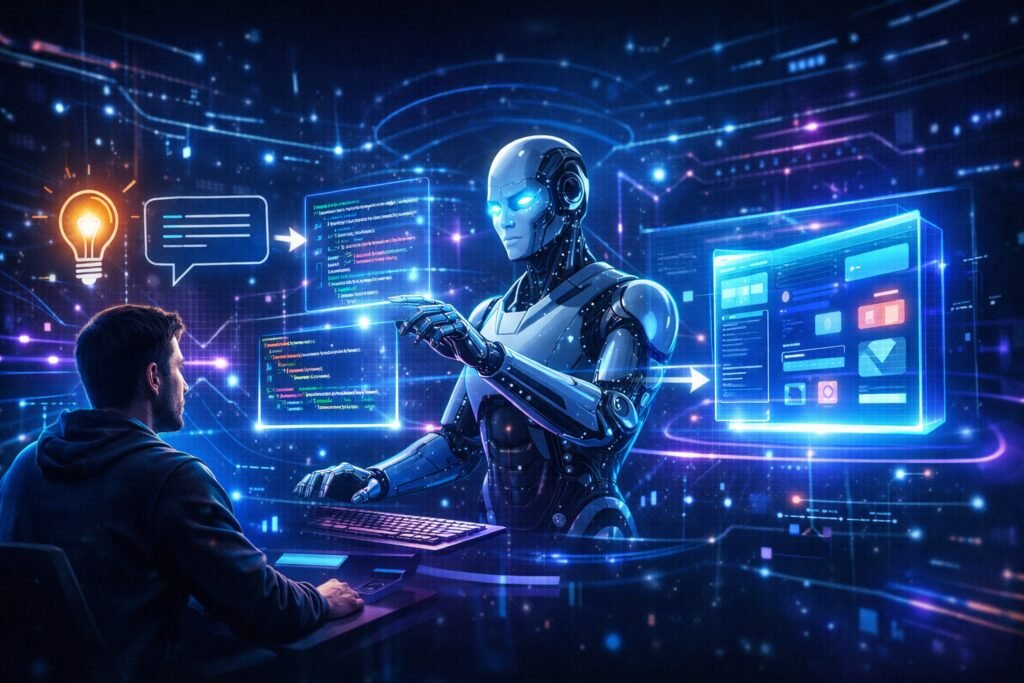 Ilustração futurista mostrando inteligência artificial gerando software a partir de prompts de um desenvolvedor