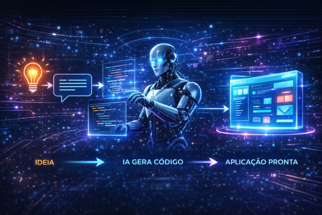 Fluxo do vibe coding mostrando ideia, prompt e inteligência artificial gerando código até a aplicação final