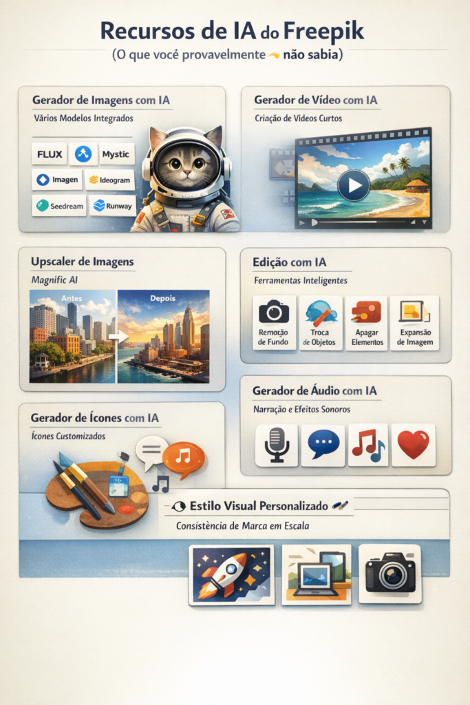 Freepik IA recursos: infográfico mostra gerador de imagens, vídeo, áudio, edição e ícones com inteligência artificial