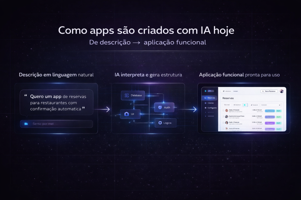 Infográfico mostrando como apps com IA são criados a partir de linguagem natural, com fluxo de descrição, processamento por inteligência artificial e geração de aplicação funcional