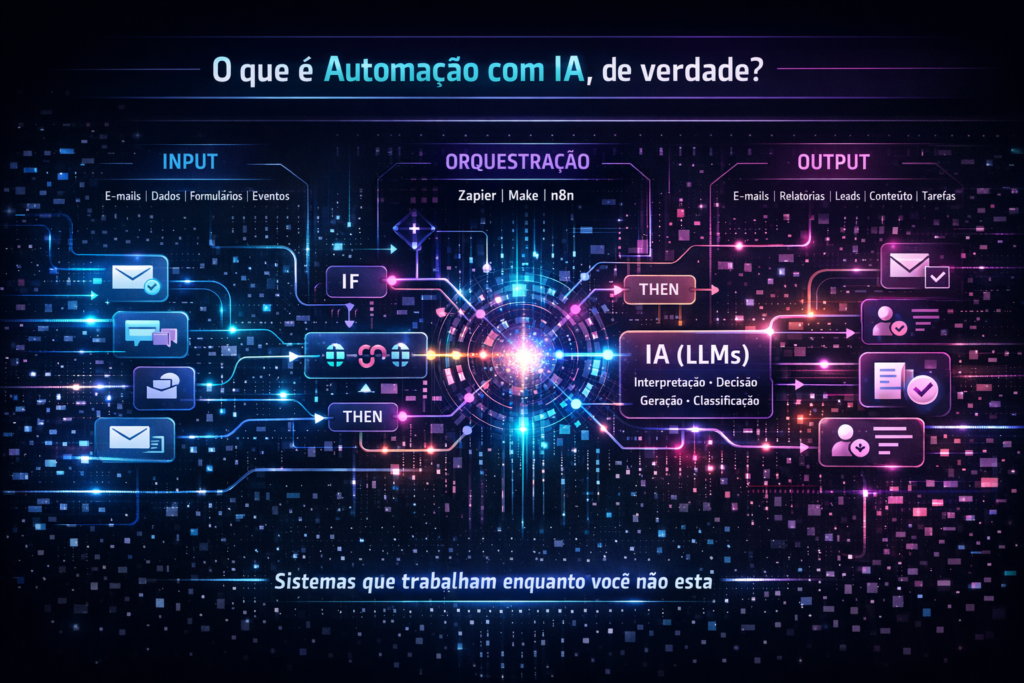 Infográfico de automação com IA mostrando fluxo de dados com três camadas: entrada (e-mails, formulários e eventos), orquestração com ferramentas como Zapier, Make e n8n, e inteligência com modelos de linguagem (LLMs) que interpretam, decidem e geram conteúdo, resultando em saídas automatizadas como relatórios, respostas e tarefas executadas.