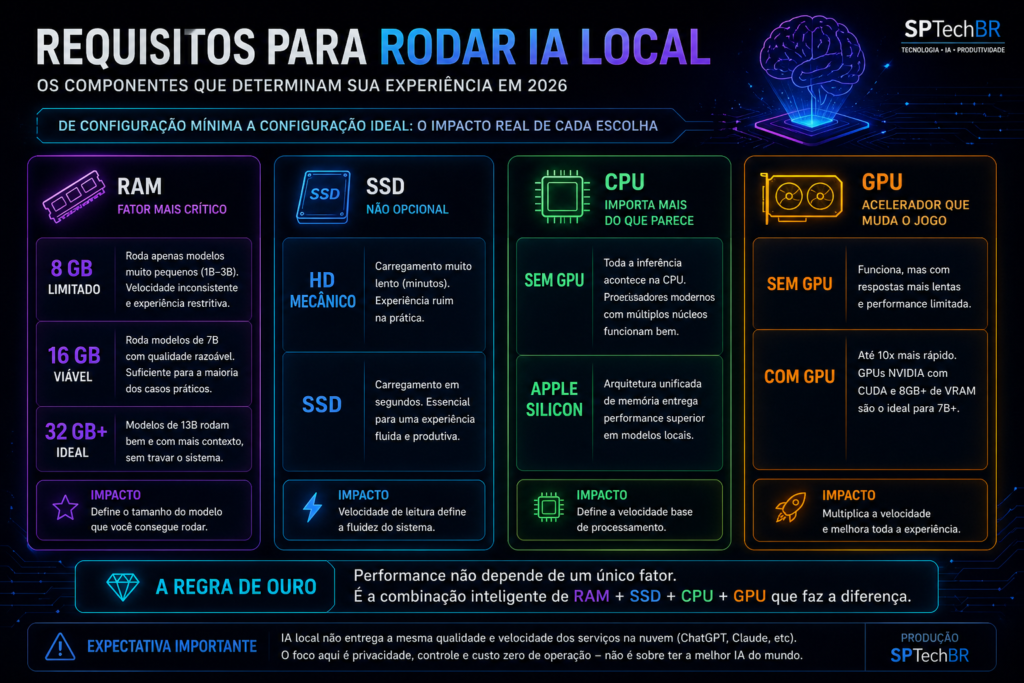 Infográfico com requisitos para rodar IA local em 2026 mostrando RAM, SSD, CPU e GPU e como cada componente impacta a performance da inteligência artificial local