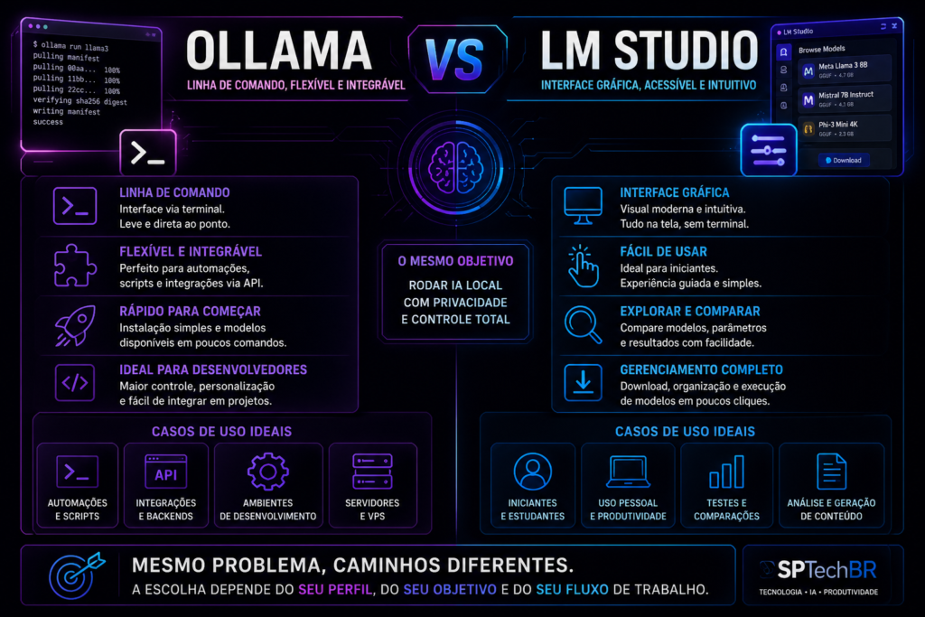 Rodar IA local: comparação entre Ollama e LM Studio com interface, uso e casos ideais em 2026