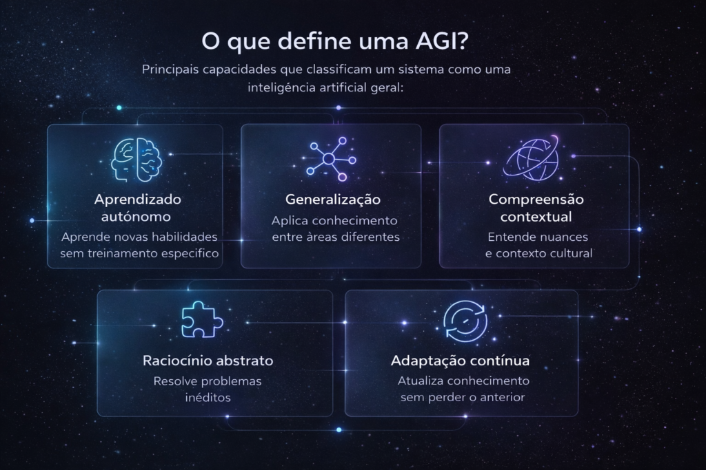 AGI o que é: infográfico com as principais capacidades da inteligência artificial geral como aprendizado autônomo e generalização