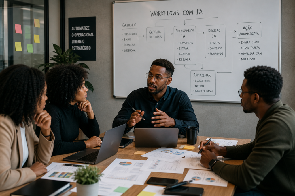 Equipe em reunião estratégica utilizando workflows com IA para automatizar processos e tomada de decisão em ambiente corporativo moderno