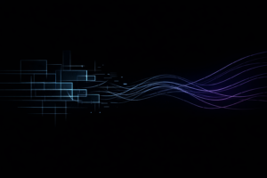 Transição de software tradicional para agentes de IA representada por linhas geométricas que se transformam em fluxo contínuo