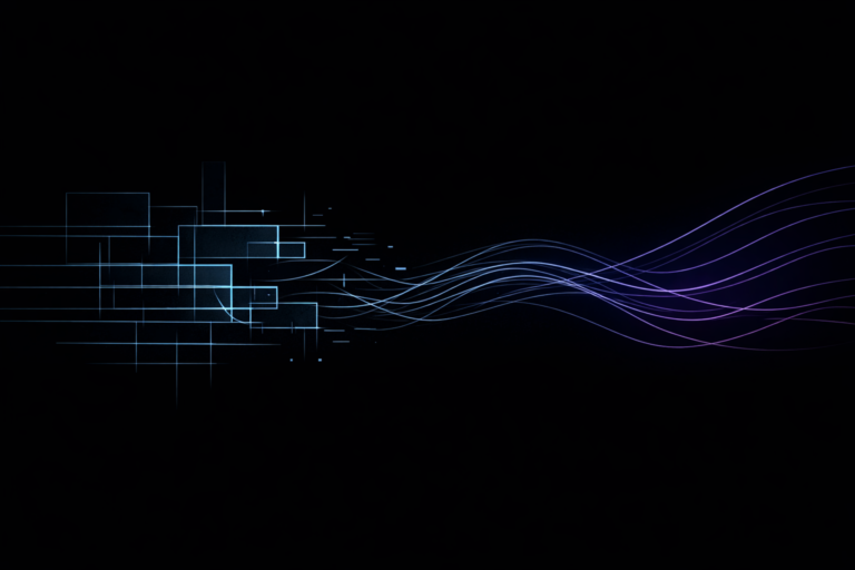 Transição de software tradicional para agentes de IA representada por linhas geométricas que se transformam em fluxo contínuo