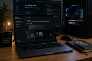Setup realista de computador rodando IA local em 2026 com Ollama e modelo open source em execução