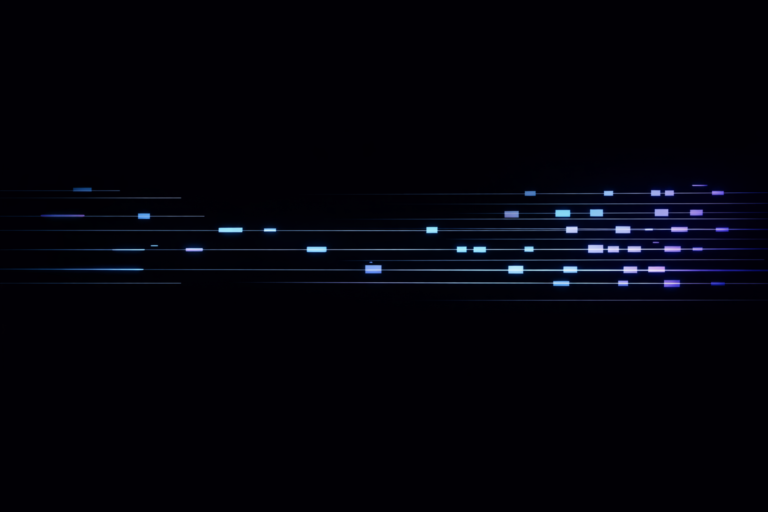 Linhas horizontais minimalistas com pequenos blocos geométricos ao longo do fluxo, representando aprendizado fragmentado em um sistema digital.