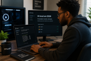 Profissional usando workflows com IA para automatizar tarefas em ambiente de trabalho com múltiplas telas e inteligência artificial