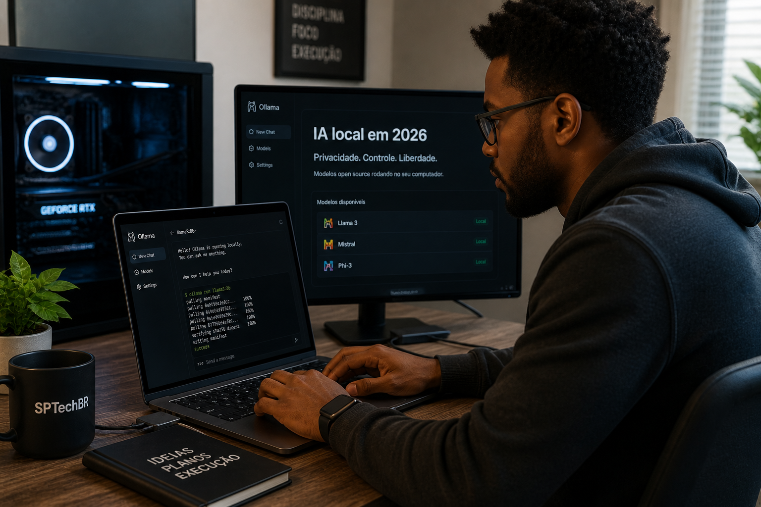 Profissional usando workflows com IA para automatizar tarefas em ambiente de trabalho com múltiplas telas e inteligência artificial
