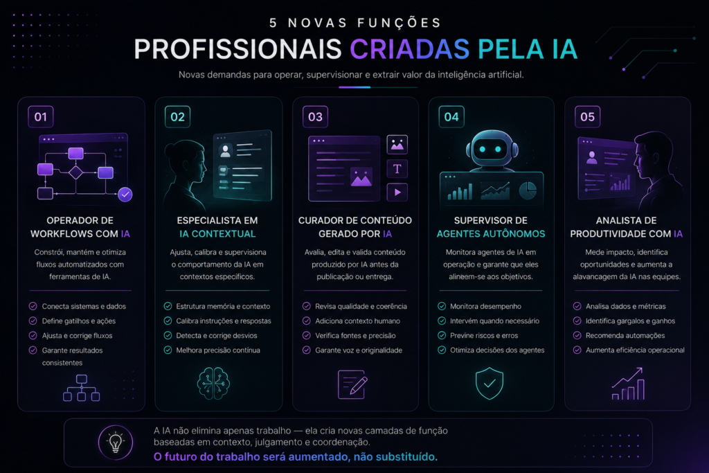 Infográfico premium mostrando as cinco novas profissões criadas pela IA e como funções operacionais com inteligência artificial estão surgindo no mercado de trabalho moderno.
