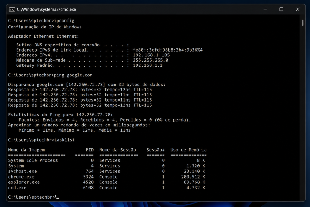 Terminal CMD no Windows executando comandos ipconfig, ping google.com e tasklist para diagnóstico e controle do sistema