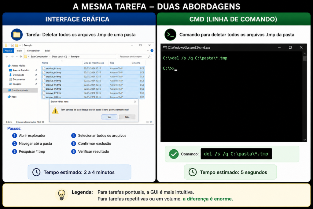 Infográfico comparando uso de comandos CMD com interface gráfica para exclusão de arquivos e automação de tarefas