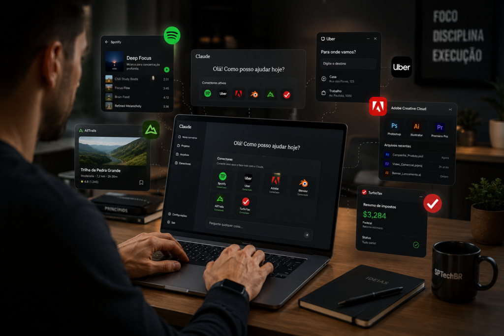 Profissional em ambiente de trabalho usando conectores Claude IA integrados a múltiplos aplicativos no computador