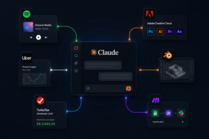 Interface editorial mostrando o Claude conectado a aplicativos como Spotify, Adobe e Blender em um fluxo integrado de IA operacional.