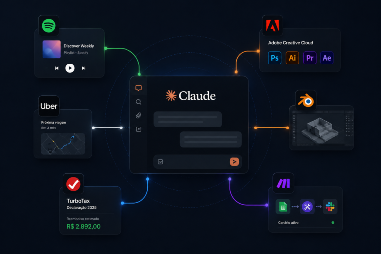 Interface editorial mostrando o Claude conectado a aplicativos como Spotify, Adobe e Blender em um fluxo integrado de IA operacional.