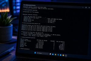 CMD em 2026 em uso real no Windows mostrando comandos ipconfig, ping e tasklist em terminal ativo