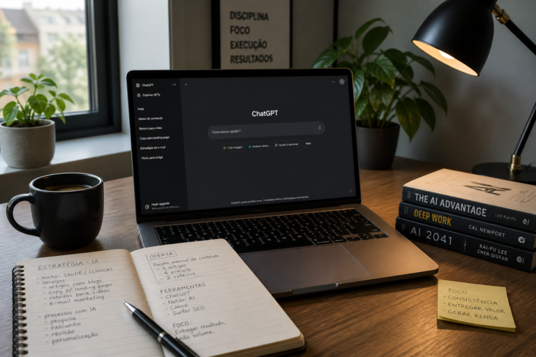 Profissional trabalhando em home office usando inteligência artificial para ganhar dinheiro com IA em 2026